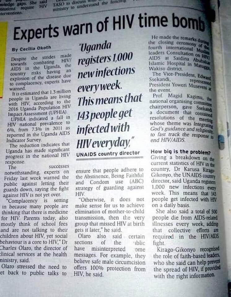 MildmayUganda's tweet photo. Experts are warning of an #HIV Time Bomb - "Complacency is setting in because people are thinking that there is medicine for HIV; Parents mostly think of school fees and are not talking to their children about HIV yet social behavior is core to HIV." #EndHIVUG via @newvisionwire https://t.co/QO7ErPUISC