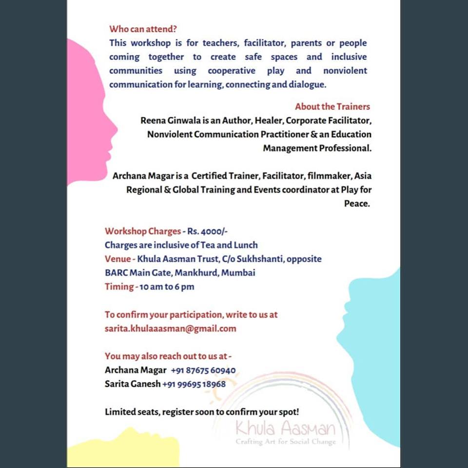 KhulaAasmanT's tweet photo. Save your dates for #workshop on #PlayforPeace & Life Enriching Communication based on #NonViolentCommunication. Find poster attached for details! #workshopsinmumbai #eventsinmumbai
#lifeenrichingcommunication #selfdevelopment #skilldevelopment #communicationskills #communication https://t.co/EM7SEe7499