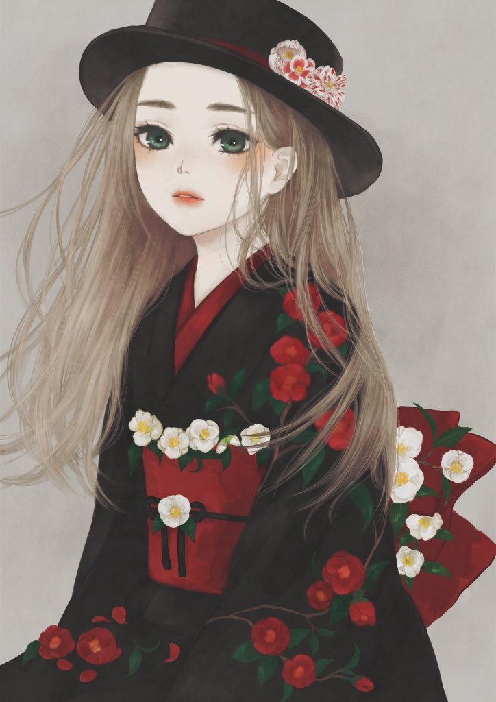 japanese clothes kimono solo flower sash 1girl holding flower  illustration images
