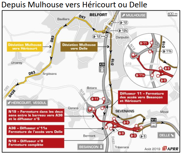 Prefet_90's tweet photo. ⚠️🚧 #A36 échangeur de #Sevenans 👷♀️durant la nuit du 7 au 8 août,de 20h à 6h du matin, la circulation sur la N19 sera fermée dans les deux sens 👷♂️ Pour plus d'infos ▶️ https://t.co/19LjHDOZDM
👇 4 itinéraires de déviation seront mis en place 👇 https://t.co/ZfatNAnw2H