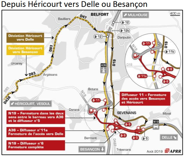 Prefet_90's tweet photo. ⚠️🚧 #A36 échangeur de #Sevenans 👷♀️durant la nuit du 7 au 8 août,de 20h à 6h du matin, la circulation sur la N19 sera fermée dans les deux sens 👷♂️ Pour plus d'infos ▶️ https://t.co/19LjHDOZDM
👇 4 itinéraires de déviation seront mis en place 👇 https://t.co/ZfatNAnw2H