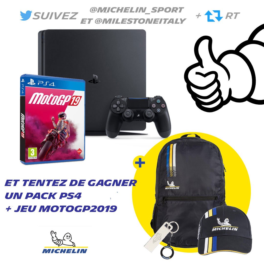 Michelin_Sport's tweet photo. 🎁#Concours

Un pack @PlayStationFR PS4 + Jeu @MotoGP 2019 + Goodies @Michelin à remporter 

☑️Pour tenter votre chance : 
RT + Follow @Michelin_Sport et @MilestoneItaly 

📅Fin du jeu : 18/09 à 23h59 
Jeu réservé uniquement à la France 🇫🇷

Règlement : https://t.co/MhuMLWzhYH https://t.co/GIEjszcv15