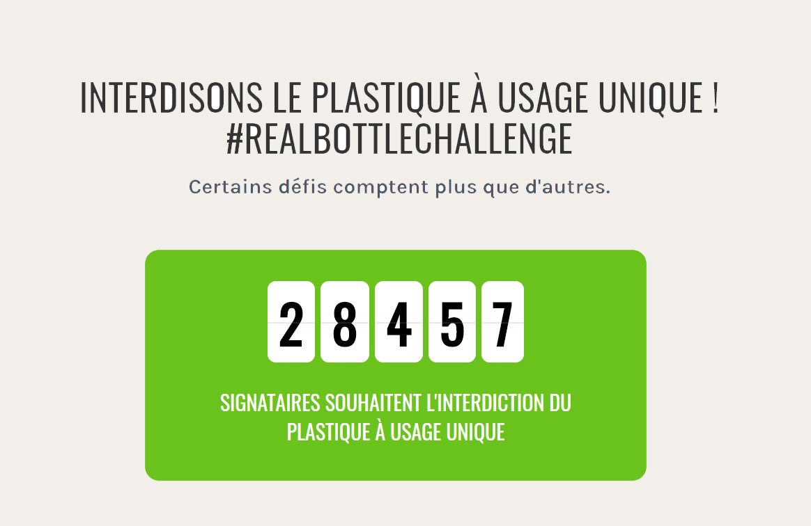 Déjà près de 30 000 personnes s'engagent pour interdire les plastiques à usage unique. Vous aussi, participez au #realbottlechallenge en signant la pétition sur …echallenge.agirpourlenvironnement.org #bottlecapchallenge