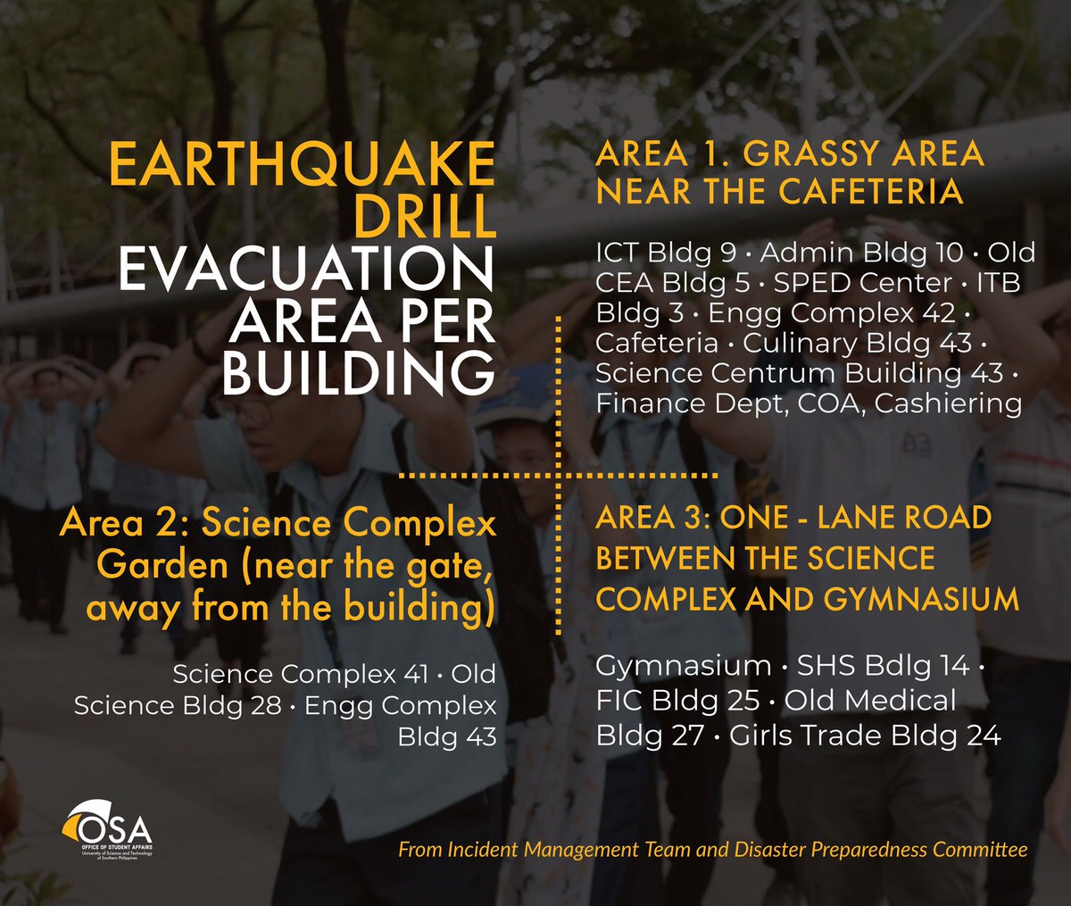 ustposacdo's tweet photo. We enjoin ALL MEMBERS of USTP community to participate in the earthquake drill on August 8, 2019, 2:00 pm. Let us be prepared, know what to do, and where to go when an earthquake strikes.

Please see the attached photo for the details. Thank you! https://t.co/tDPJMNCw1j