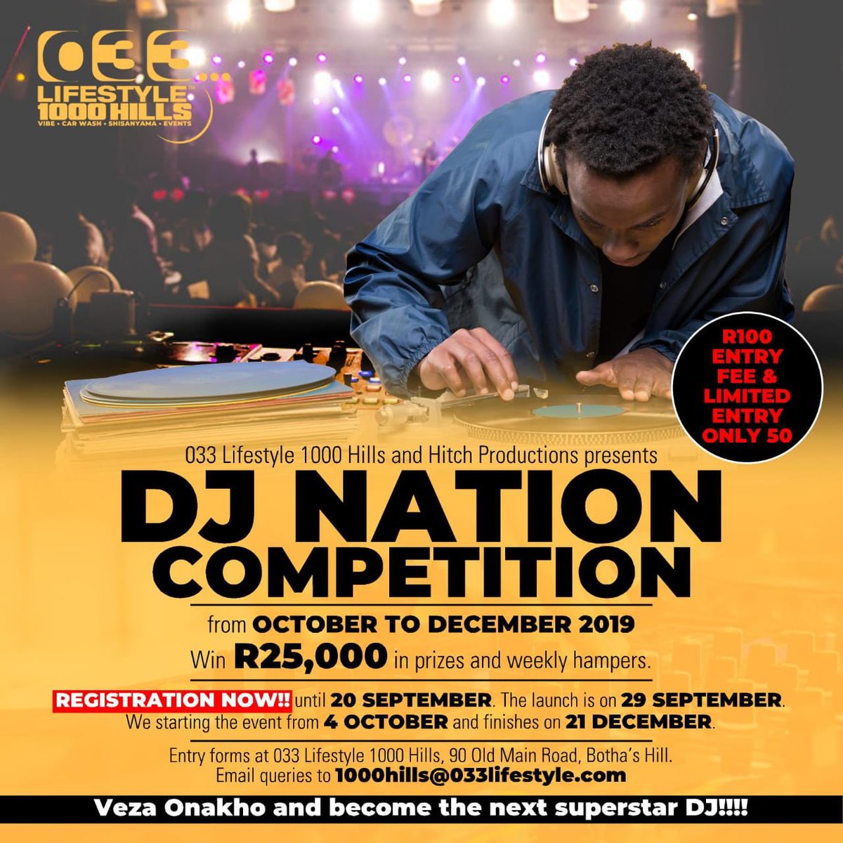 1000hills033's tweet photo. @1000hills033 presents DJ NATION competition. Entry forms in store or call +27 (82) 568-1824. Entries close 20 September. First 50 DJs only allowed to enter! #vezaonakho #buildingstars #R100entryfee #90oldmainroadbothashill https://t.co/xYO1vbBX5K
