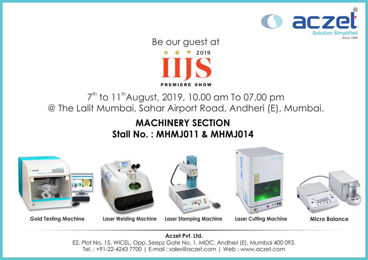 AczetLtd's tweet photo. Day One at @GJEPCIndia India International Jewellery Show (IIJS) 2019, Venue: The Lalit Mumbai
#IIJS2019 #aczet #jewellerytool #machinery #jewellery #exhibition #mumbai #manufacture #supplier #IIJS #scale #Weighingbalance #Laser #Hallmarkingbalance #XRF #GoldTestingMachine https://t.co/Nea41tHHQb
