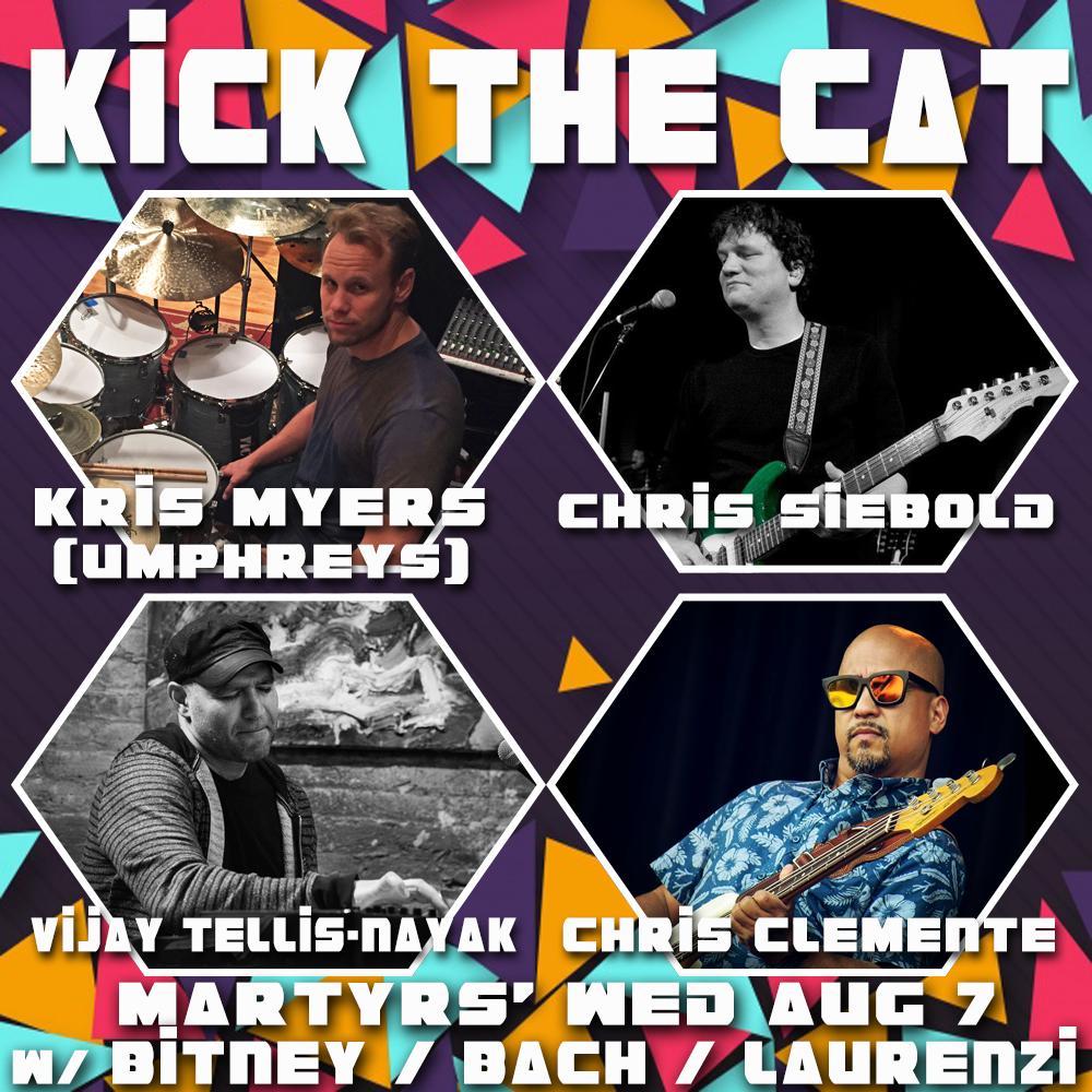 martyrslive's tweet photo. Tonight 8pm! Join us for a mind-blossoming night of improvised #jazz/funk/rock #fusion by #Chicago's own #KickTheCat!  Feat. @KrisMyersDrums  of @umphreysmcgee, #ChrisSiebold, #VijayTellisNayak, &amp; #ChrisClemente.  #jazzfusion #livemusic #umphreysmcgee #umphreys #MartyrsChicago https://t.co/W9rIL2ilCT