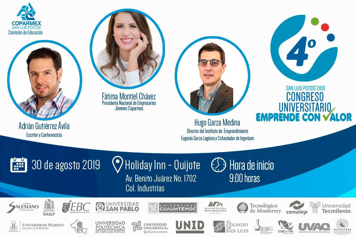 ITSLPOFICIAL's tweet photo. COPARMEX invita a su 4° congreso universitario "EMPRENDE CON VALOR" 👩‍💼👨‍💼📲📈📊 
donde participara nuestro #ITSLP puedes asistir si eres docente o estudiante 😉😄 https://t.co/BQGdvncAeS