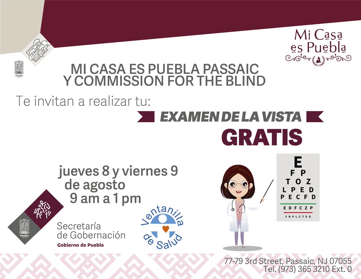 Examen de la vista  G R A T I S !

Mi Casa es Puebla Passaic, N. J.