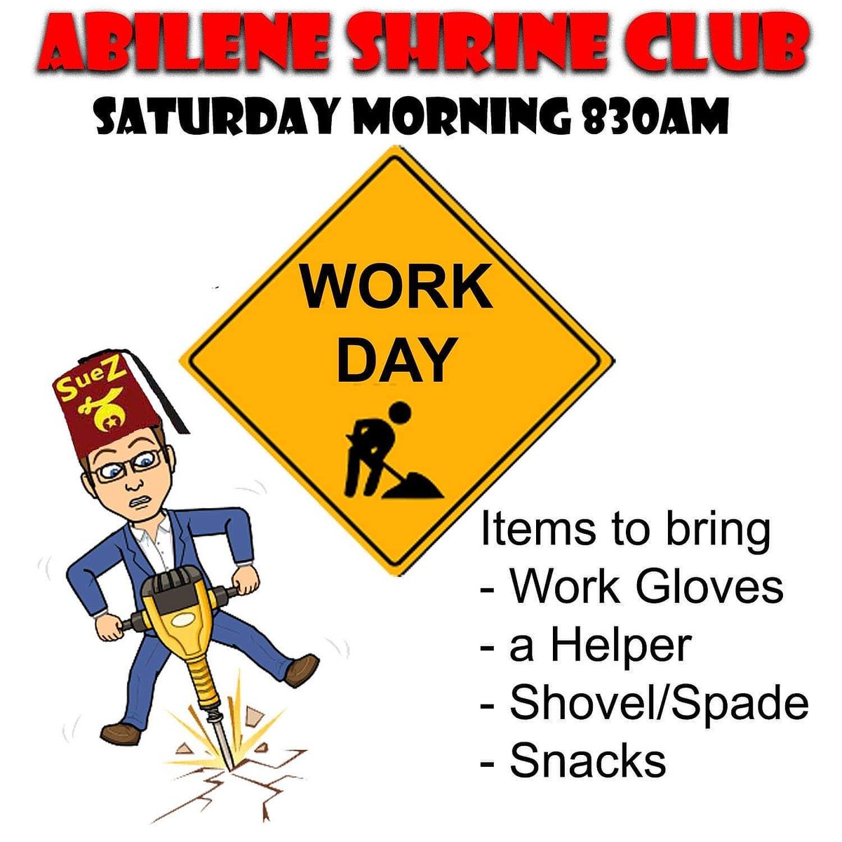 SuezShriners's tweet photo. The Abilene Shrine Club will be repairing the sewer system this weekend. We have a backhoe coming and need a few hands with spades and shovels. https://t.co/ISuTgHfird