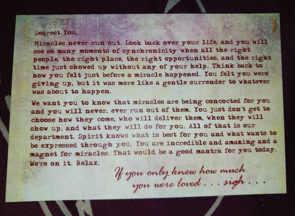RosebudEBSHC's tweet photo. Believe in miracles. They happen all around us every day. Surrender yourself to the Universe and be ready to receive limitless abundance.  You are a magnet for miracles.

#postcardsfromspirit #miraclemagnet #believe #LawofAttraction #manafest #mantra #miracles https://t.co/NxSRpbIpH6