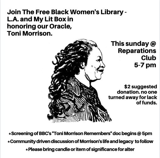 mylitbox's tweet photo. #LiteraryLA, join #MyLitBox and @TFBWL_LA this Sunday, August 11th from 5-7PM for a celebration of the life and legacy of Toni Morrison! For more info and to RSVP, click here: https://t.co/IBqHtd8kmt https://t.co/ttrUKr4f2F