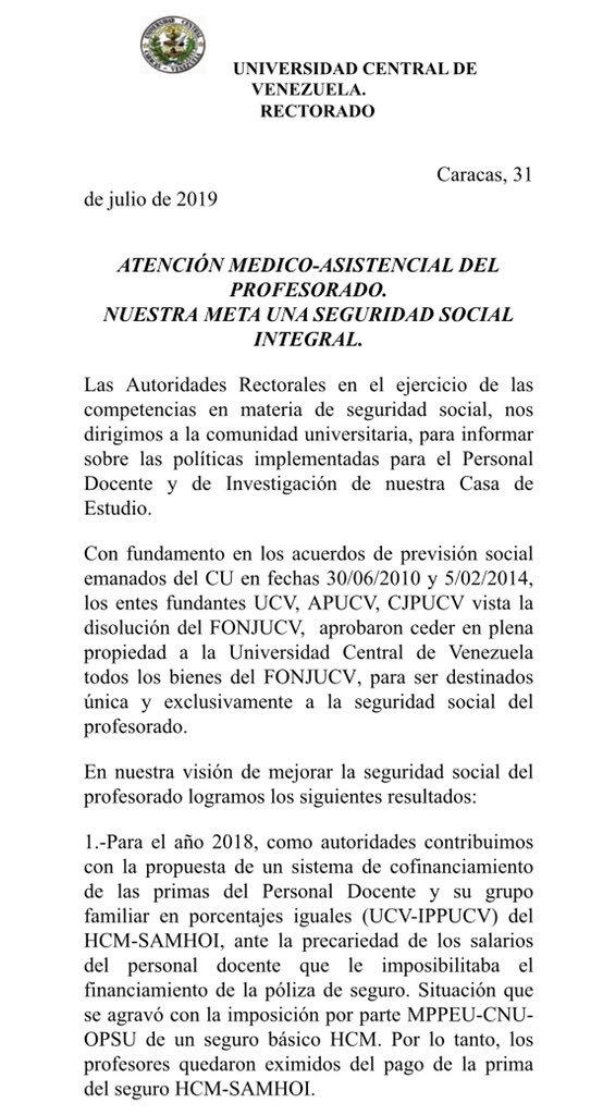 GarciaArochaC's tweet photo. Pronunciamiento de las Autoridades sobre el Informe Atención Médico-Asistencial del Profesorado UCV https://t.co/DLxhYbrbew