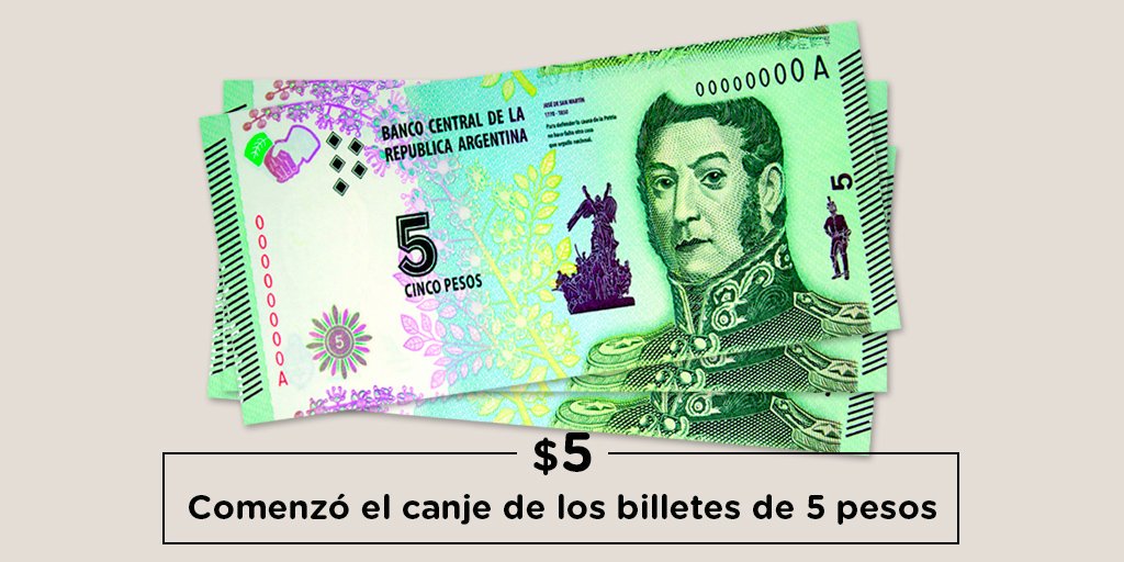 redcame's tweet photo. Hasta el 28 de febrero del 2020, los bancos comenzarán a recibir los billetes de $5 para su canje o acreditación en cuentas en el marco de su salida de circulación, la cual se concretará el 31 de enero. La moneda de este valor, que ya circula, será su reemplazante definitiva. https://t.co/93wrx1wBGm