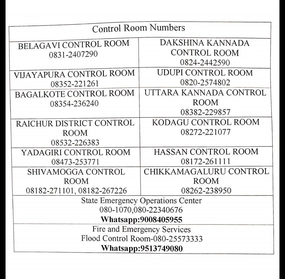 CMofKarnataka's tweet photo. For any flood related emergencies and rescue work  please contact the given control room  numbers.
#KarnatakaFloods https://t.co/I51Fx3Zq5f