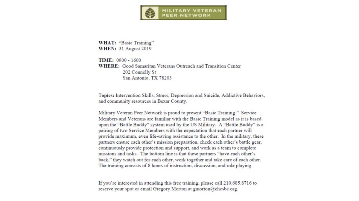TXVeteransDOC's tweet photo. #Military #Veteran #Peer Network is proud to present “Basic Training.” #ServiceMembers and #Veterans are familiar with the Basic Training model as it is based upon the “Battle Buddy” system. Contact Gregory Morton -  210.685.8716/  gmorton@chcsbc.org. Open to civilians. #tvc1doc https://t.co/3iCNTdcldF