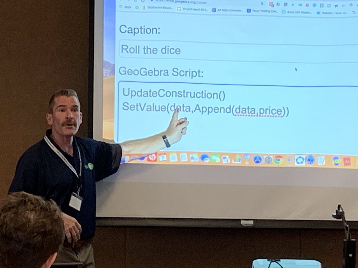 TimBrzezinski's tweet photo. Intuition, simulation, mathematics:  #InThatOrder.  Having fun using @geogebra in #Stats &amp; #APStats with @giohio here at #PCTM19! Also learning how Steve builds stat simulations here in #GeoGebra. 🙂 #PCTM2019 https://t.co/QvLWWI8gSx