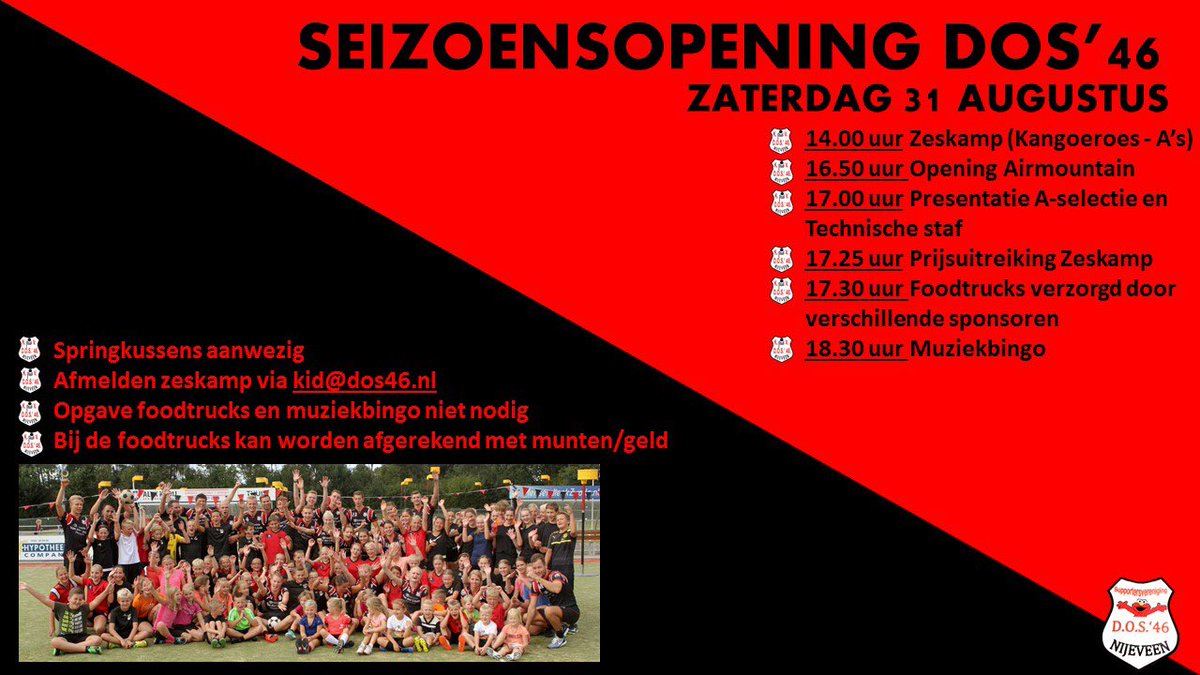 Kom je ook 31 augustus? Zie foto voor het complete programma van de Seizoensopening DOS’46 🔴⚫️