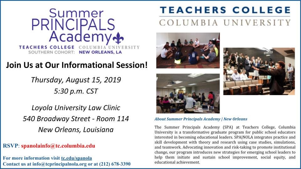 spanolatc's tweet photo. Join us in New Orleans! We will be holding an info session for any prospective students in the area. Find us on Thursday, August 15 @ 5:30pm at Loyola University Law Clinic. **see flyer for more details.
#SPANOLA #TeachersCollege https://t.co/xQBv8gv9il