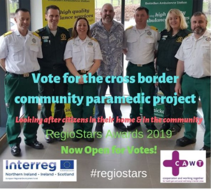 Great news - The ‘Cross border Community Paramedic Project' is a finalist in the EU #RegioStars award &amp; YOUR VOTE is needed! Voting open until 9 Sept. Click: bit.ly/2JKJjpb to vote! Thank you #everydayheroes #team999 🚑👨‍⚕️👩‍⚕️👏