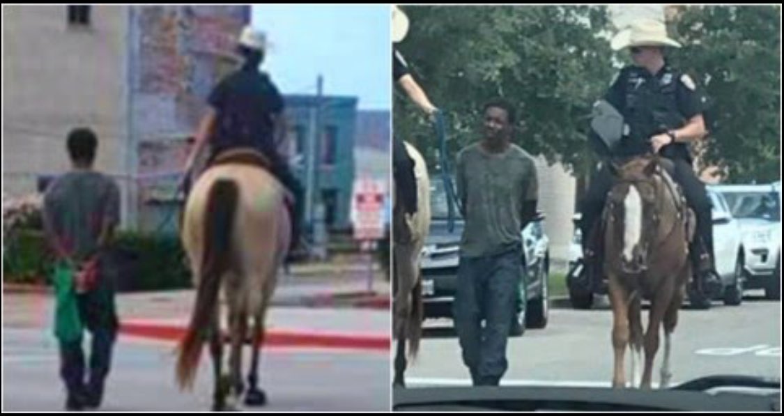 DCoronell's tweet photo. Un hombre afroamericano esposado es conducido por policías a caballo con un lazo amarrado al cuello. ¿Va el mundo para atrás? https://t.co/pcxYIdYI9P