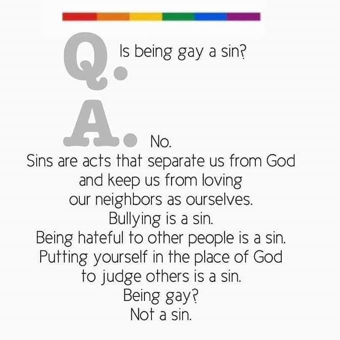 LivingFreeWith's tweet photo. Is being #gay a sin?  

Nope 

#sin=
#bullying #beinghateful 

And remember @LivingFreeWith 
Marco Ste-Marie 
is #byyourside 

#livingfreewith 
#LGBTQ2S 
#centralab 
#rimbey
#lacombe
#ceg3 https://t.co/m2xOhIp3Ko