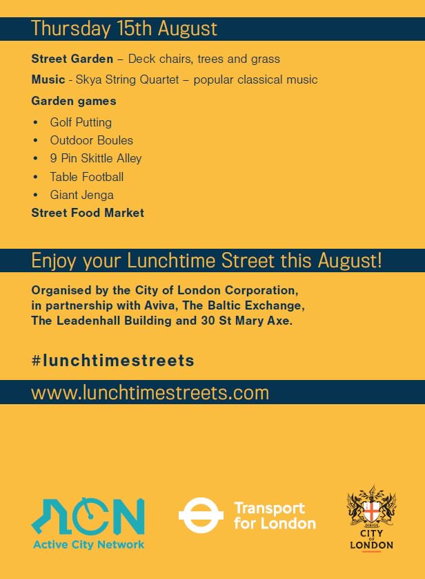 Squarehighways's tweet photo. #LunchtimeStreets is back next week from Tuesday after a successful trial earlier this year. Find out more https://t.co/P5Nrlu1QYo #VisionZeroLDN #HealthyStreets #SaferStreets #carfree @TfL #ActiveCityNetwork @AvivaUK @CheesegraterLdn @30SMAManagement https://t.co/ecjoJpKhel