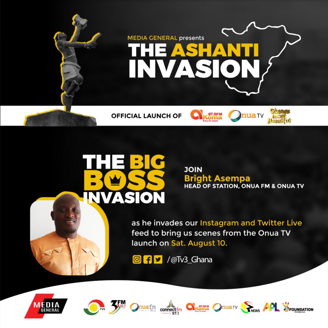 tv3_ghana's tweet photo. 📍There is surely no better way to spend this coming weekend than with Media General in Kumasi.

Along with the fun activities we’ve planned for you on #TheAshantiInvasion, our bosses will give you the behind-the-scenes of our launch of Onua TV, Akoma FM and #GMB2019. 🎉💃🏾🧨 https://t.co/PRm7N0Z9uV