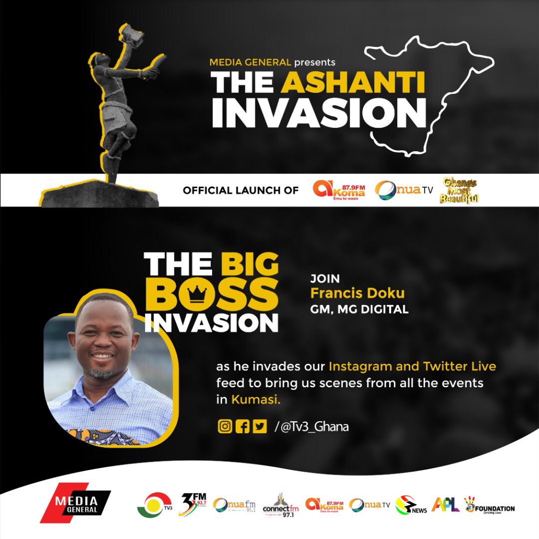 tv3_ghana's tweet photo. 📍There is surely no better way to spend this coming weekend than with Media General in Kumasi.

Along with the fun activities we’ve planned for you on #TheAshantiInvasion, our bosses will give you the behind-the-scenes of our launch of Onua TV, Akoma FM and #GMB2019. 🎉💃🏾🧨 https://t.co/PRm7N0Z9uV