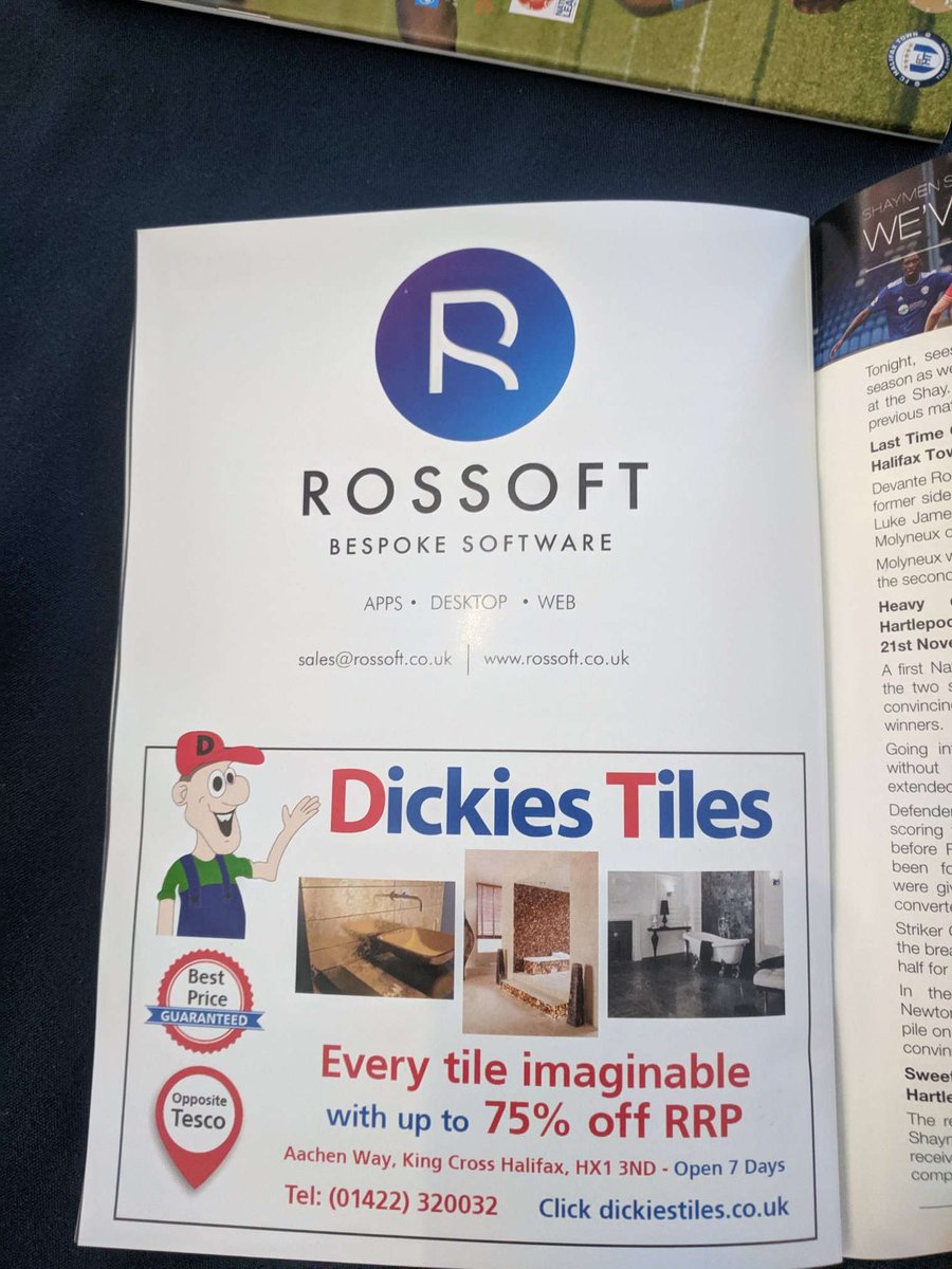 rossoftltd's tweet photo. We had a fantastic evening watching @FCHTOnline  claim their second win of the season alongside attending the pre-game sponsors event. It's great to see our branding in the match day programme and at pitch side!

#bespokesoftware #fchalifaxtown #sponsorship https://t.co/QQgFAWs0R8
