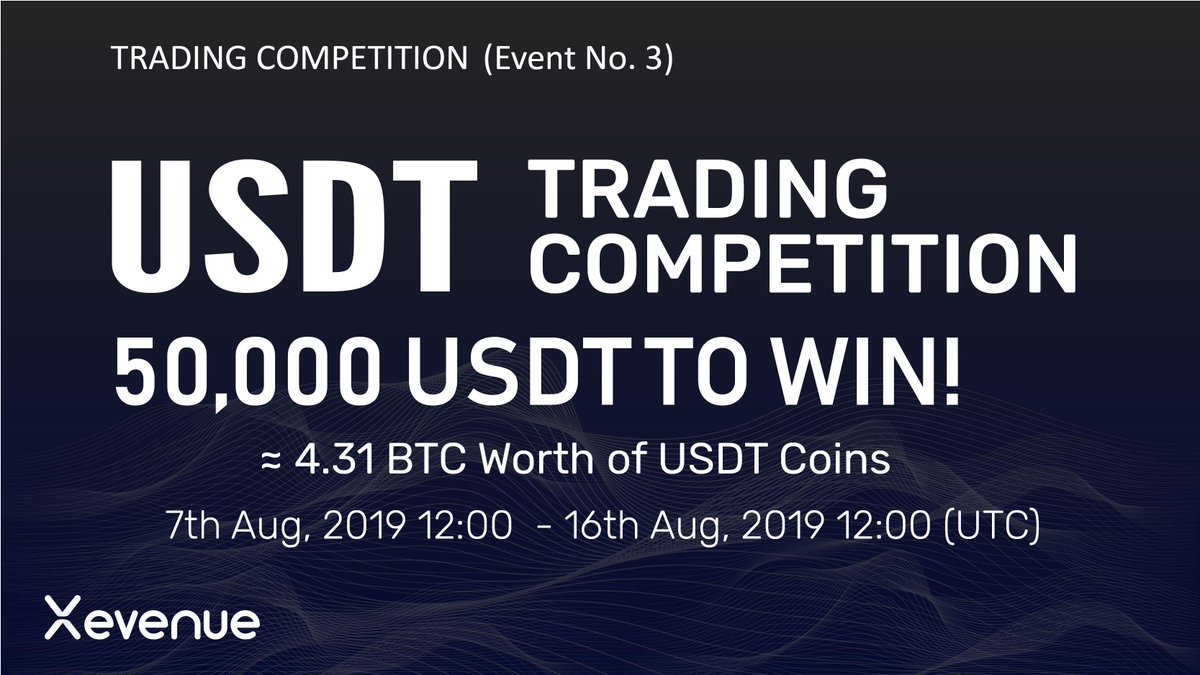 XevenueExchange's tweet photo. $USDT Trading Competition, 50,000 USDT to Giveaway!
Promotion period: 2019/08/07 12:00 to 2019/08/16 12:00  (UTC).

Trading Link:  https://t.co/J33KKlezFp

Competition Link: https://t.co/M1GATaJIzP

More Details: https://t.co/s9ztpVEphL

#BITCOIN #TradingCompetition https://t.co/ZoVMplg1ye