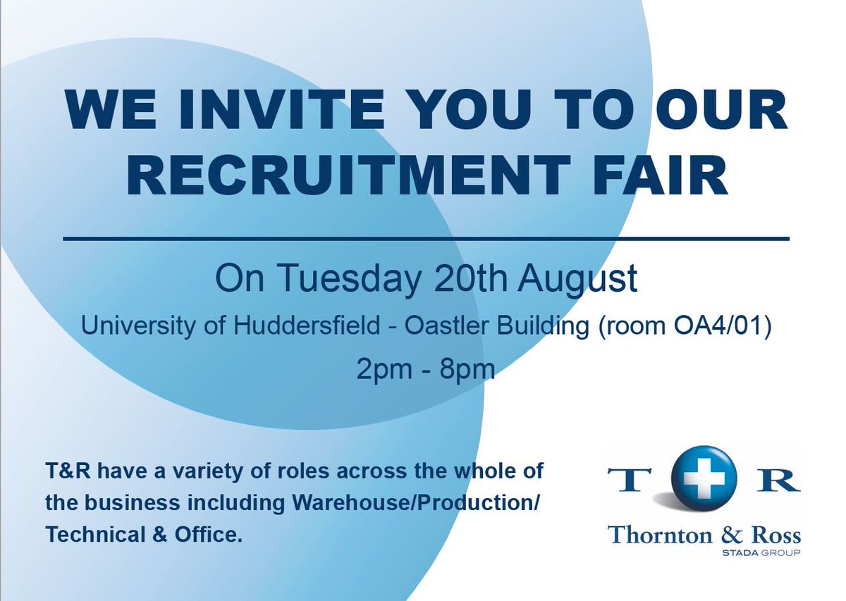 HudEvents's tweet photo. Thornton &amp; Ross are Recruiting!!!

Come to their Recruitment Fair on Tuesday 20th August.

#HudEvents https://t.co/MbOlTfEHlz