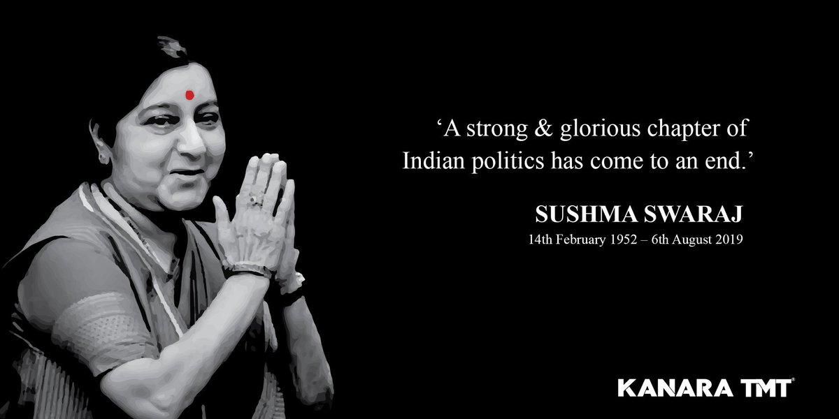 KanaraTmt's tweet photo. “Whenever She stood up to speak, the house listened, for her poised nature and sincerity reflected constantly in her persona and work”. One of the most Respected Leaders and will perhaps be best remembered for her tenure as #ExternalAffairsMinister. #RIPSushmaJi #IronLady https://t.co/wq4CwNz9BS