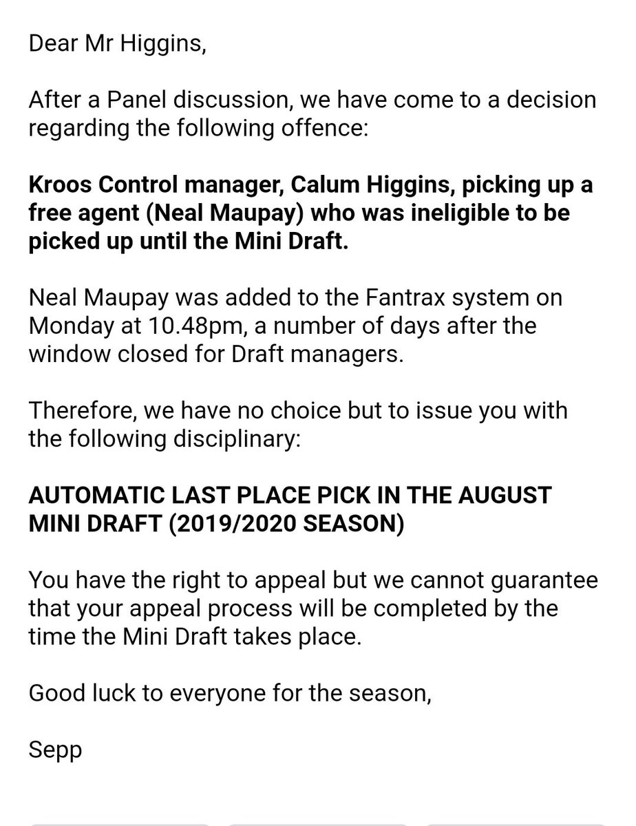 TheDraftTweets's tweet photo. And there we have it. The first controversy of the season barely 3 days after the draft is completed and before a ball has been kicked. Kroos Control charged with the unauthorised claim of a newly transferred player after our initial close of transfer window. https://t.co/8ithMdaQ0U