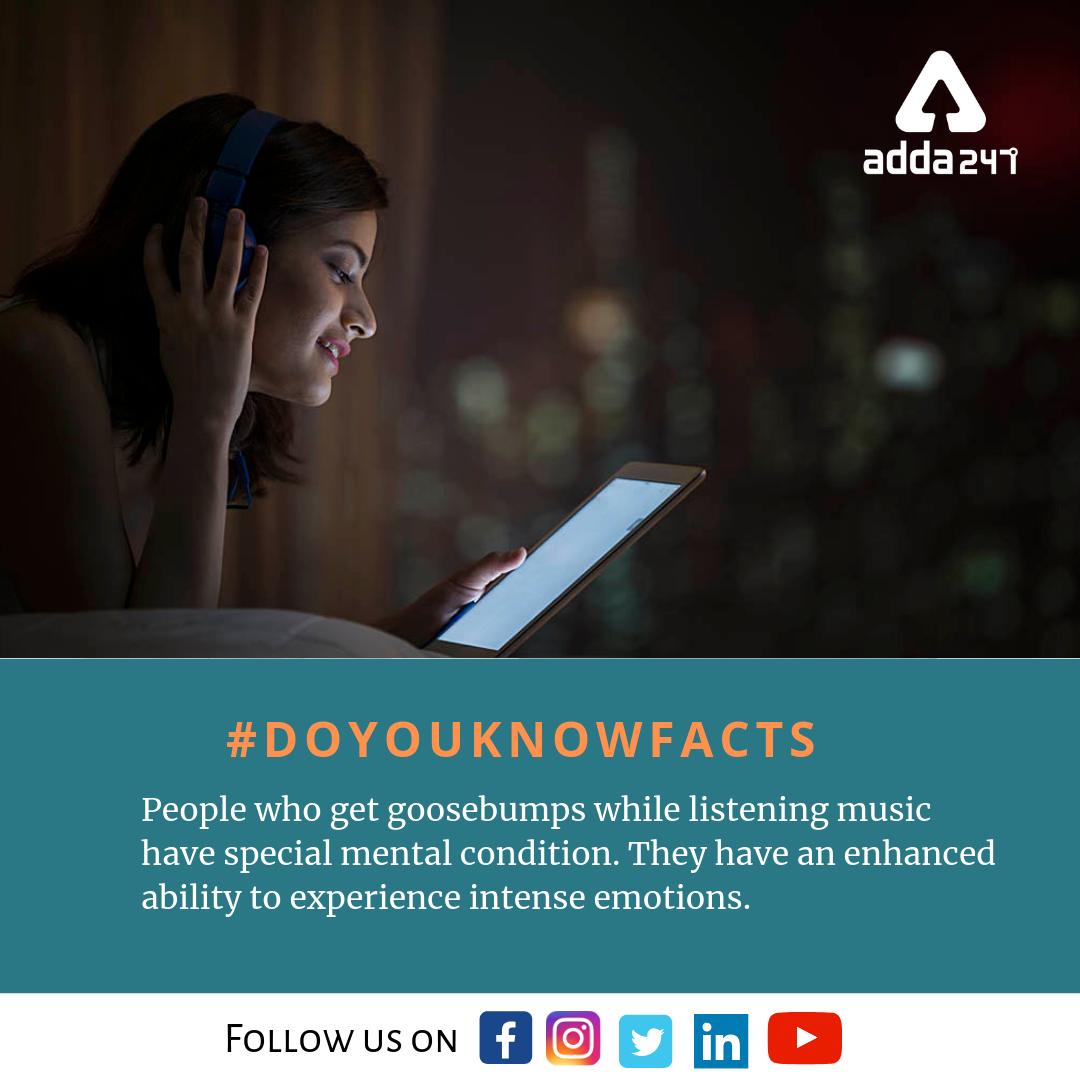 anilnagr's tweet photo. #Doyouknowfact
People who get goosebumps while listening music have special mental condition. They have an enhanced ability to experience intense emotions.
#didyouknowfacts#factoftheday #factsonly๐ฏ #factsoflife #factonfacts #factsdaily #factslover #thinkendless #Adda247 https://t.co/0FB2MkYvxF