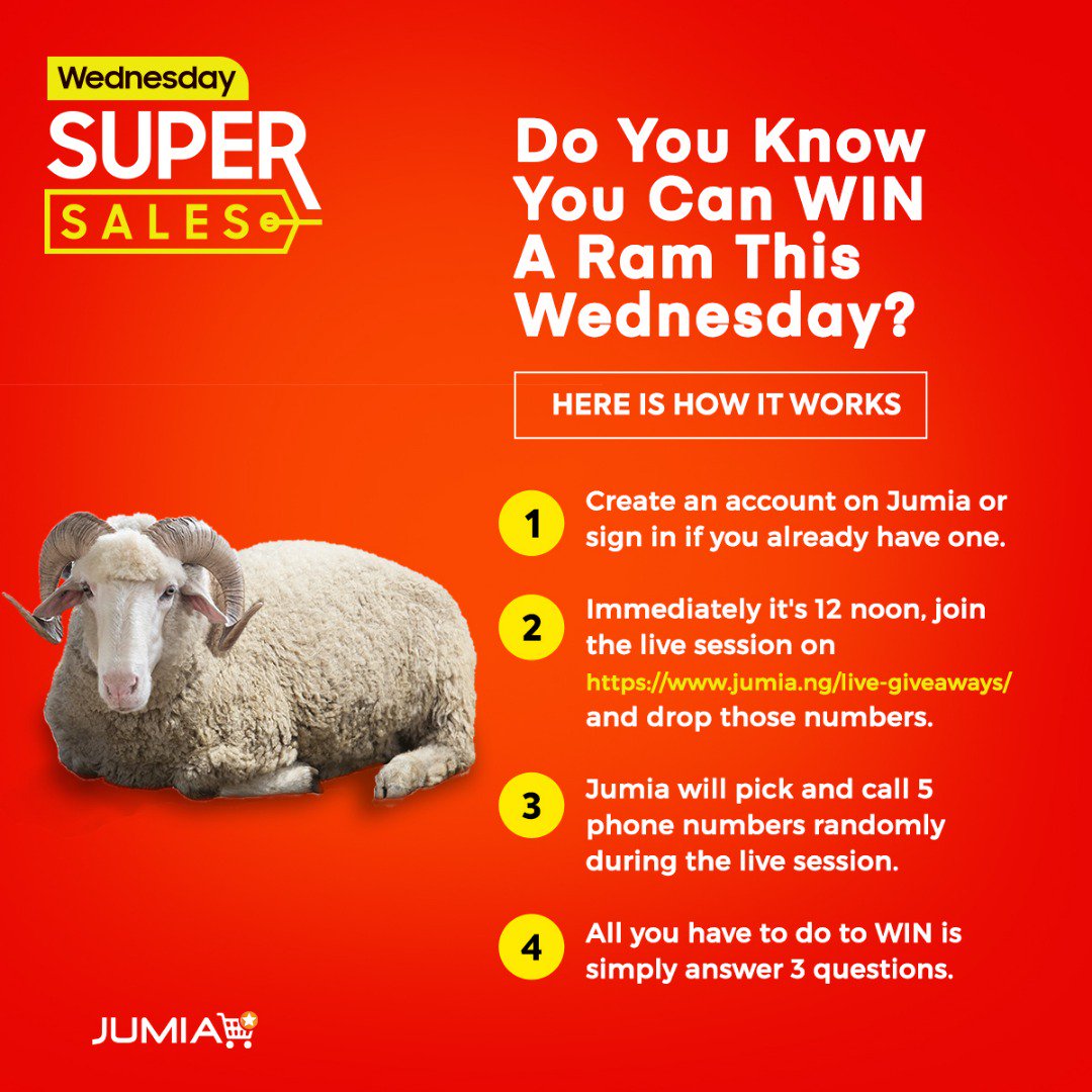 GbemiDennis's tweet photo. You too can share sallah meat instead of waiting to collect from your neighbour.
Get set at 12 Noon for @JumiaNigeria
Wednesday Super Sales #RamGiveaway.
Ensure you follow all instructions and boom "Ileya ti de."
https://t.co/TLCPqHHcAh https://t.co/Zwp5HhTV61