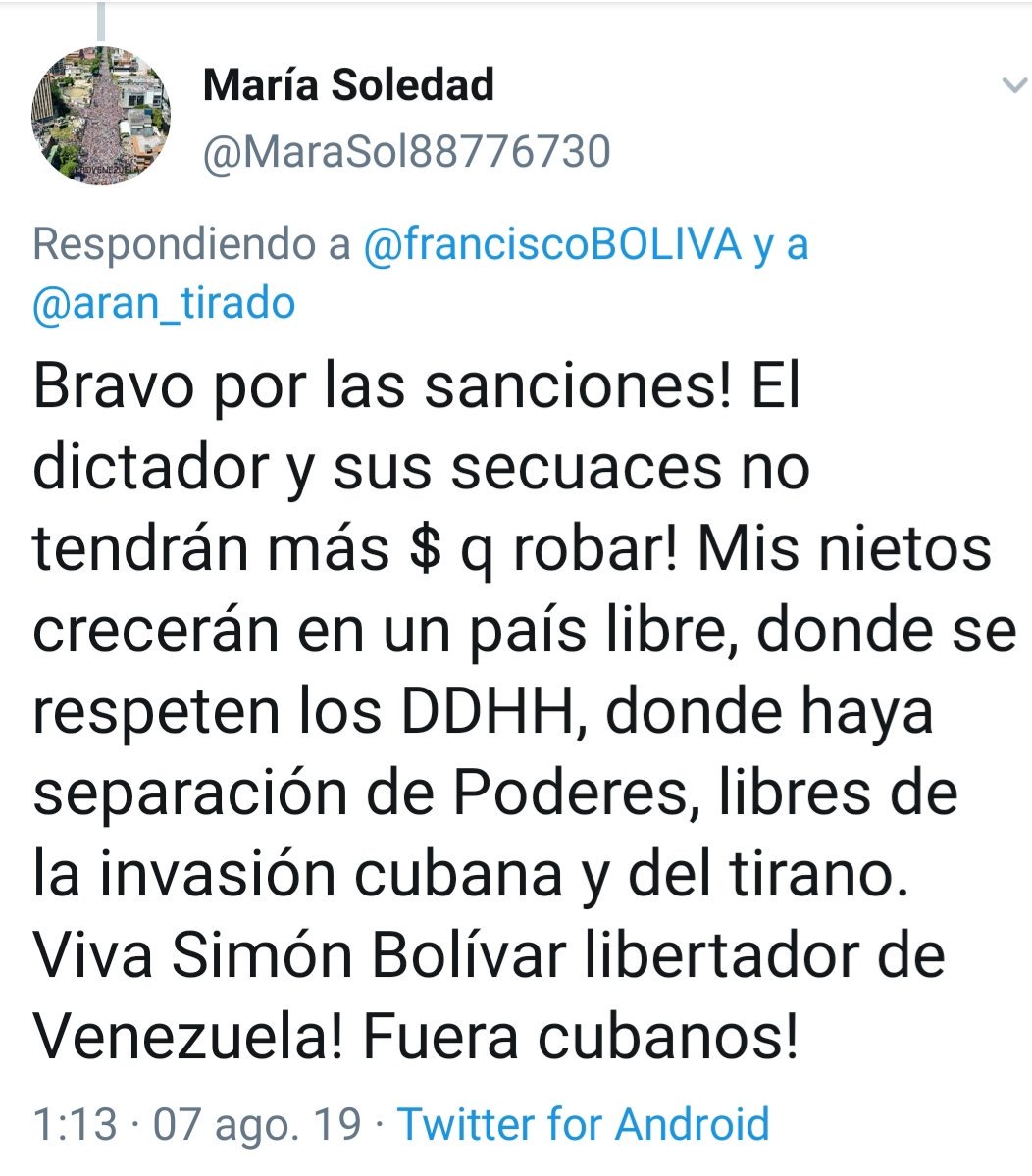 ArantxaTirado's tweet photo. Ver la reacción de los venezolanos opositores en redes aplaudiendo las sanciones y el bloqueo de EEUU al pueblo de #Venezuela muestra la magnitud de su odio y disociación. Antipatriotismo y falta de humanidad es poco para calificarlo. https://t.co/wgL0OrBCLW