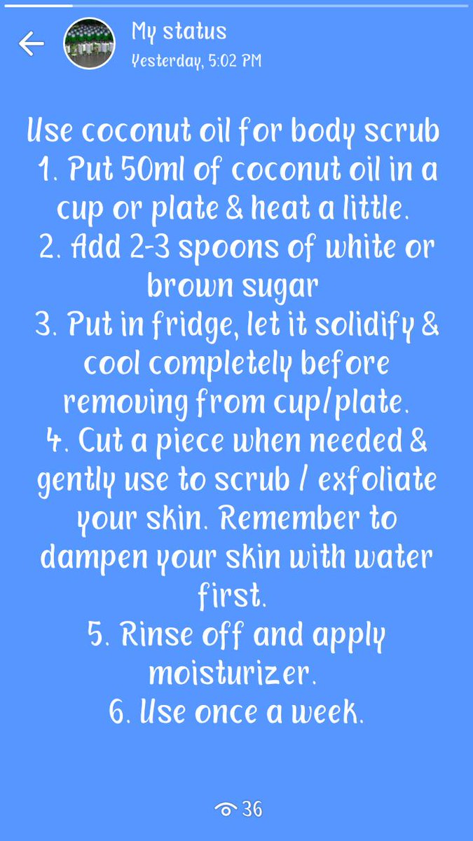 NutZoneCoconut's tweet photo. Just one way to use coconut oil. 
#coconutscrub 
#virgincoconutoil 
#coldpressed 
#nigeria https://t.co/TRhP6R82mM