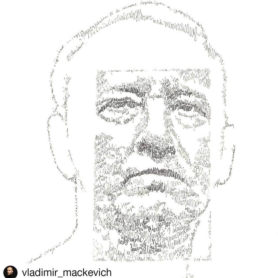 vigeland150's tweet photo. #InspiredbyVigeland A handwritten portrait of #GustavVigeland by Lithuanian artist Vladimir Mackevich (ink on paper, text from #Vigeland's biography in new Norwegian) #vigeland150 https://t.co/3HkkszvsuQ