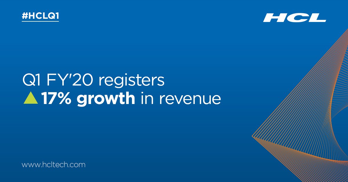 hcltech's tweet photo. Our Q1 FY’20 results have just been announced. Revenue is up 17% (YoY in CC) to USD 2364 mn. #HCLQ1 https://t.co/7NWahdoxZ8
