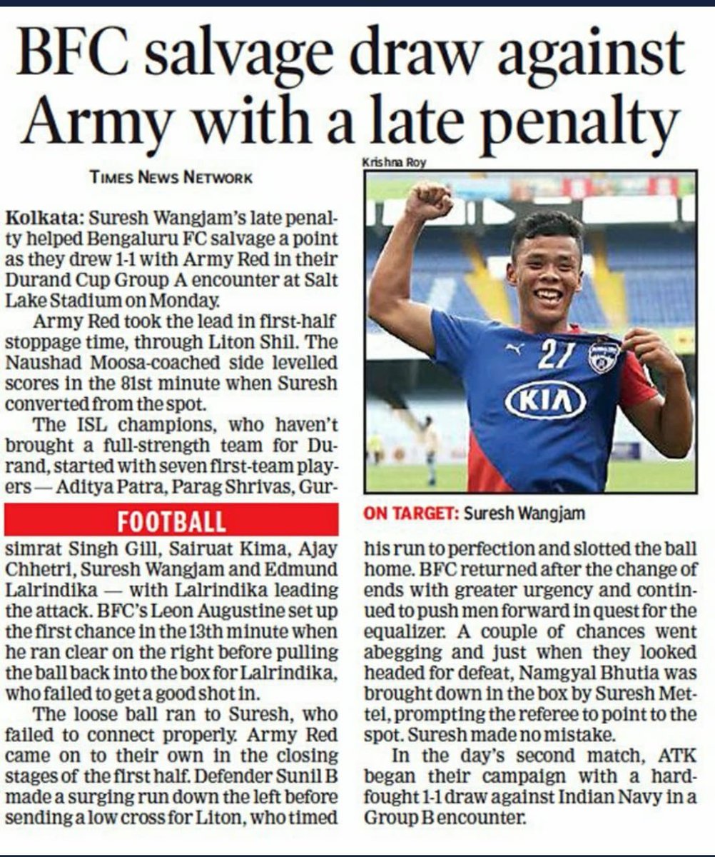 jswsports's tweet photo. #MediaWatch📰
Suresh saves the day! 🙌🏼
In his first start for @bengalurufc, Suresh Wangjam pulled a draw for @BengaluruFC against Army Red with a late goal in the first match of #DurandCup2019 ⚽🔵
Read more here: https://t.co/Hytfkp2SCw
#BetterEveryday #JSWSport #WeAreBFC https://t.co/tCDk06UuSY