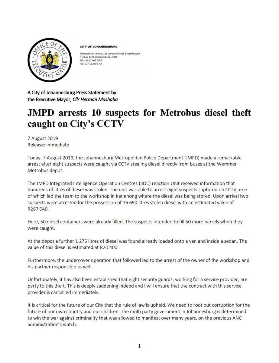 HermanMashaba's tweet photo. Today, 7 August 2019, the Johannesburg Metropolitan Police Department (JMPD) made a remarkable arrest after eight suspects were caught via CCTV stealing diesel directly from buses at the Wemmer Metrobus depot.
#MashabaInAction
@JoburgMetrobus https://t.co/r1WJqqcQZ1