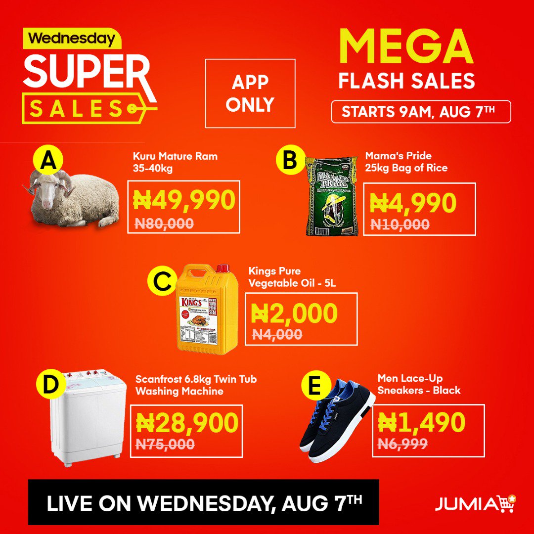 GbemiDennis's tweet photo. A mega Flash Sales by @JumiaNigeria at 2pm
-Mama Pride 25kg bag of rice @ N4,990
-5L Kings Oil @ N2,000
-Ram @ N49,990
-Scanfrost Twin Tub washing machine @ N28,900
-Men's lace-up sneakers @ N1,490
Use JGTREND voucher code for discount - https://t.co/TLCPqHHcAh
#RamGiveaway https://t.co/1jiU61PGBv