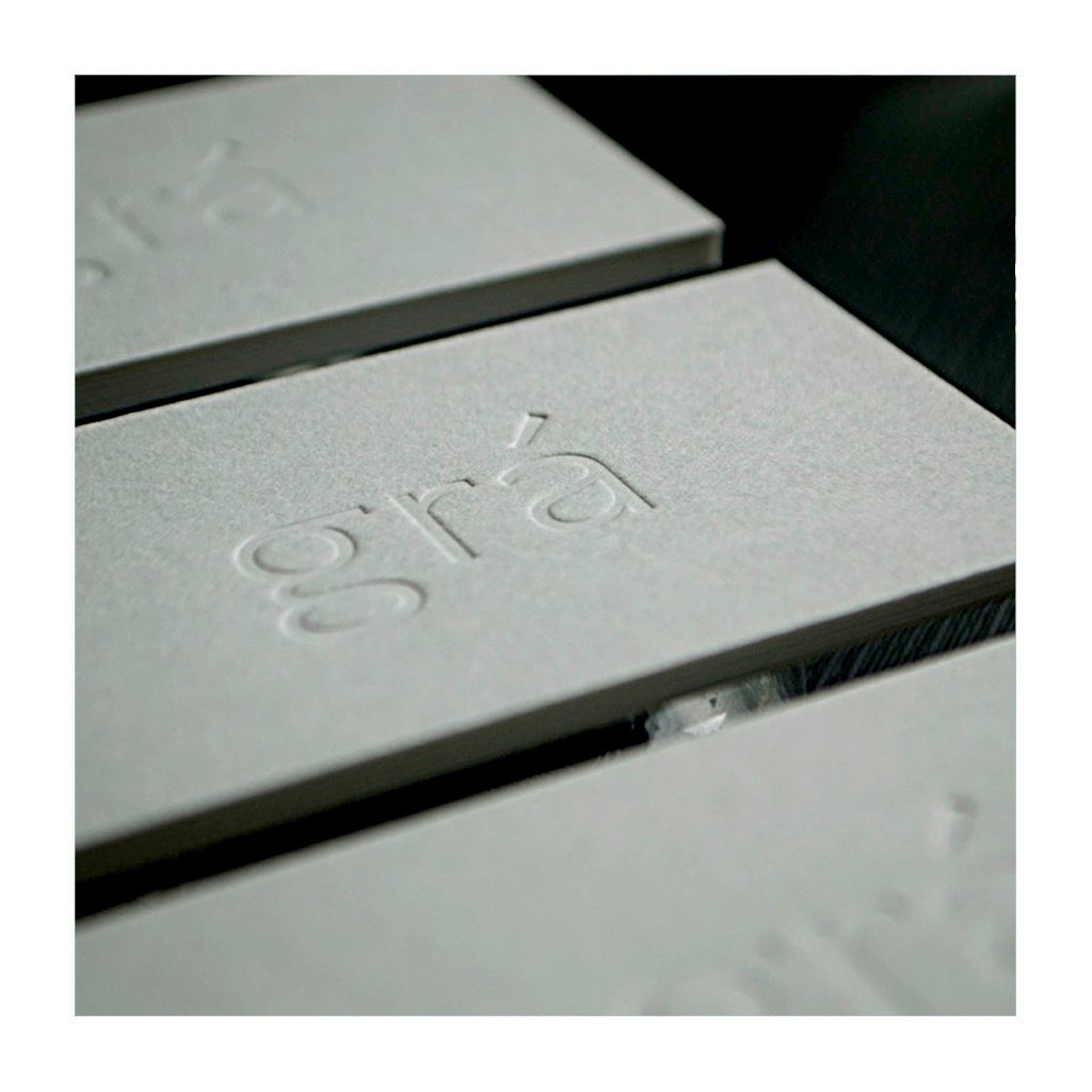 Blind embossing or debossing, is a traditional technique with excellent results on a wide range of materials; it's understated but aesthetically perfect. Blind embossed business cards produced for soon coming grá.com Onto Wild White supplied by <a href="/GFSmithpapers/">GF Smith</a>•
