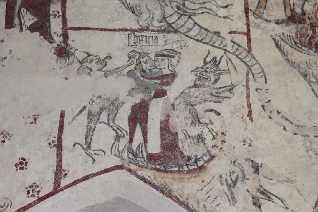 steffaniwdavies's tweet photo. A pair of demons tempt a couple to sin at St Cadoc's Church, Llancarfan, while an angel supervises the clothing of the naked at St Mary's Church, Ruabon. #AnimalsInChurches #AngelsAndDemons #SevenDeadlySins #SevenActsOfMercy #MedievalWallPaintings https://t.co/kzKGuXHmqn