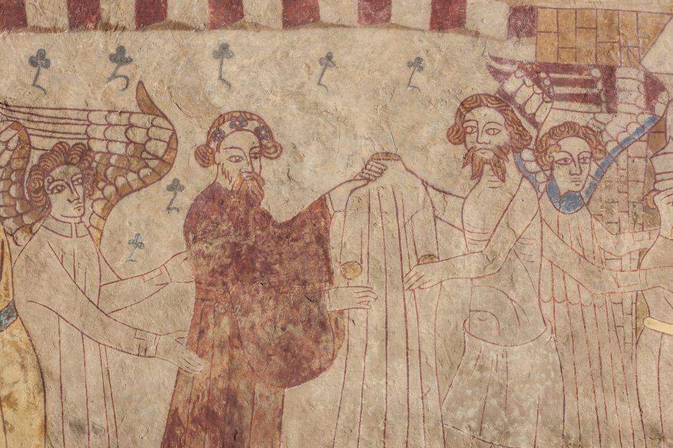 steffaniwdavies's tweet photo. A pair of demons tempt a couple to sin at St Cadoc's Church, Llancarfan, while an angel supervises the clothing of the naked at St Mary's Church, Ruabon. #AnimalsInChurches #AngelsAndDemons #SevenDeadlySins #SevenActsOfMercy #MedievalWallPaintings https://t.co/kzKGuXHmqn