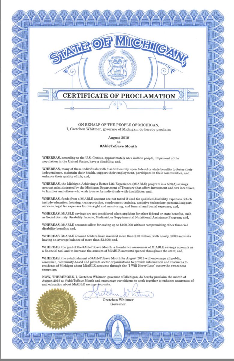 briancalley's tweet photo. #MiABLE accounts have been widely used and are make a big difference for people with disabilities. Thank you @GovWhitmer for this proclamation and the renewed support of this important policy. #ABLEtoSave https://t.co/6yScZaTo2r