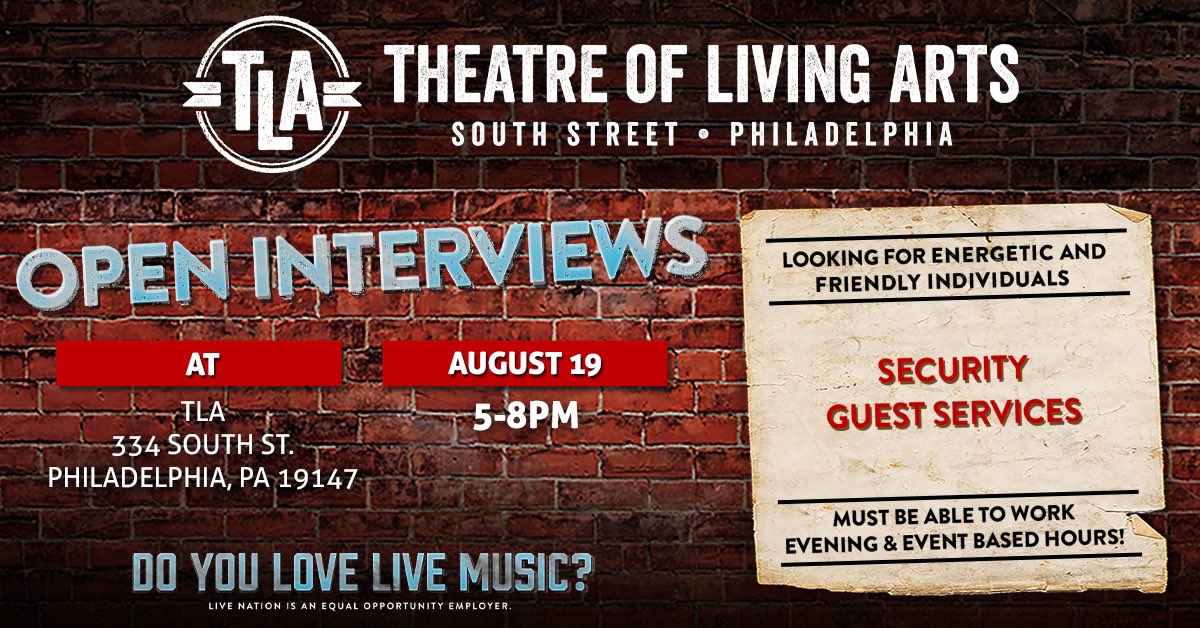TLAPhilly's tweet photo. We’re hosting open interviews for Theatre of Living Arts! ⭐️ Join us on August 19th (5PM-8PM.) https://t.co/kLAaxOd58I