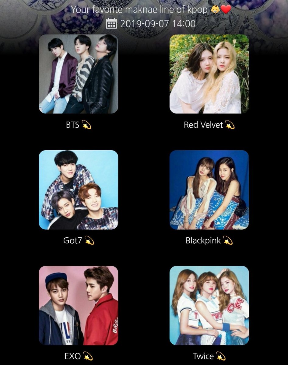 Metkstar Kpop Kdrama Official Twitterissa Kpop Poll Favorite Maknae Line Of Kpop Vote Rt T Co Hmb4s7i4rf Nominee Exo Sehun Kai Bts Jungkook Jimin V Got7 Bambam Yugyeom Youngjae Blackpink Lisa Rose