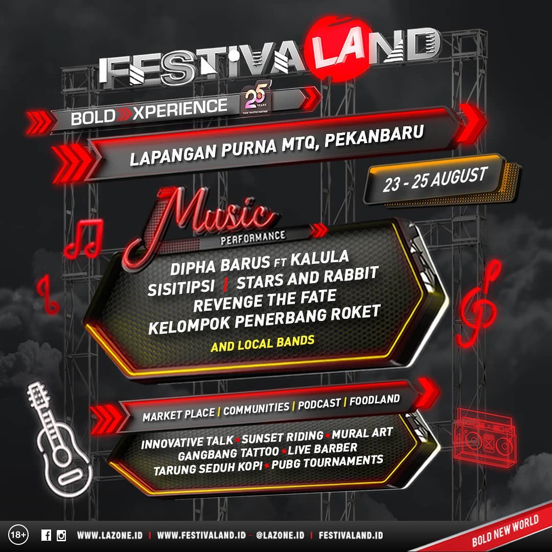 infoPKU's tweet photo. FESTIVALAND PEKANBARU!
23-25 Agustus 2019 di Lapangan Purna MTQ Pekanbaru.
Jadilah bagian dari keseruan festival musik terkini. Daftarkan bandmu, komunitasmu, brandmu & start-up mu!
#infoPKU #eventPKU #festivalandpekanbaru #BoldExperience https://t.co/CpcqxaBTeu